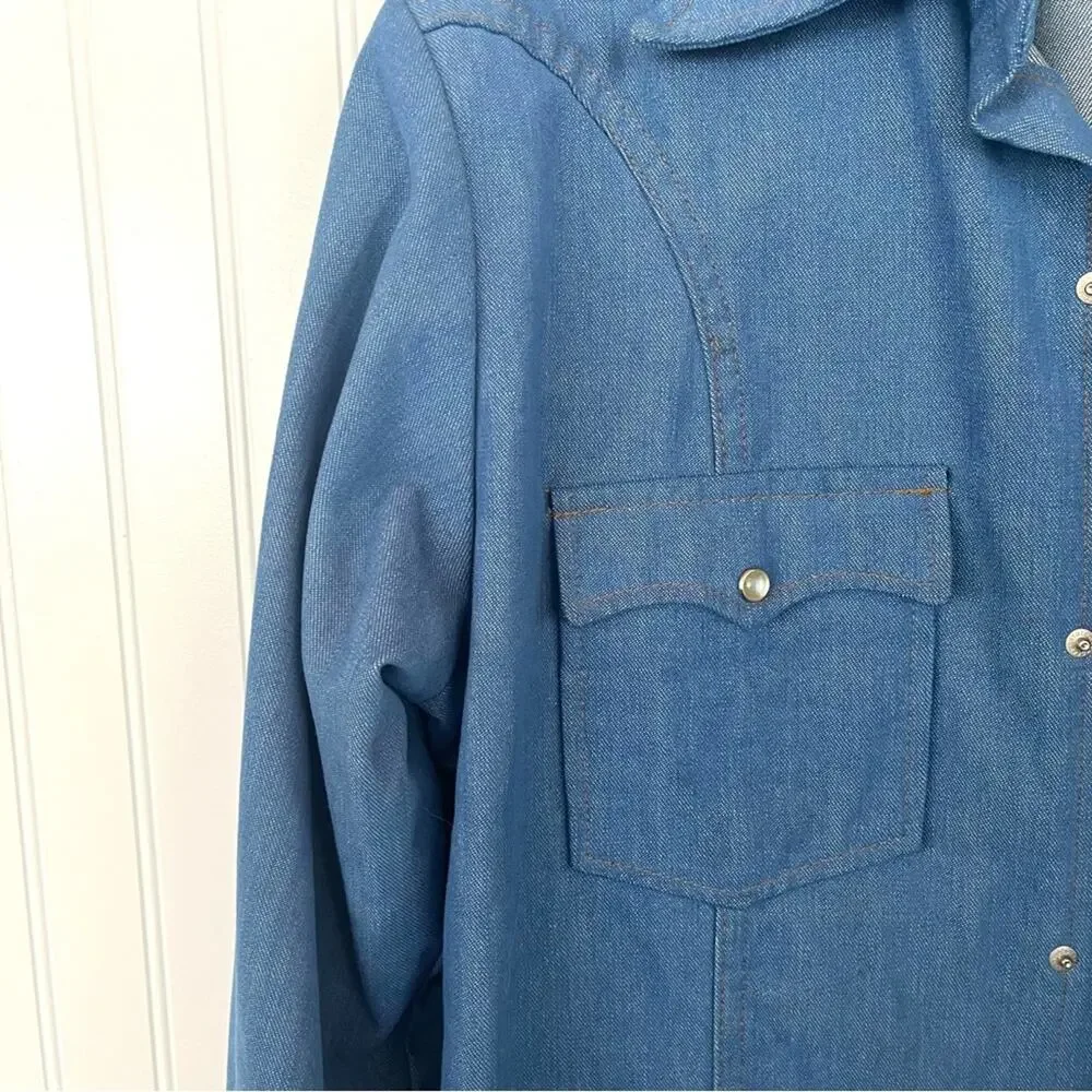 Vintage 60s 70s Levi’s Orange Tab Western Pearl Snap Denim Shirt Size Large Blue